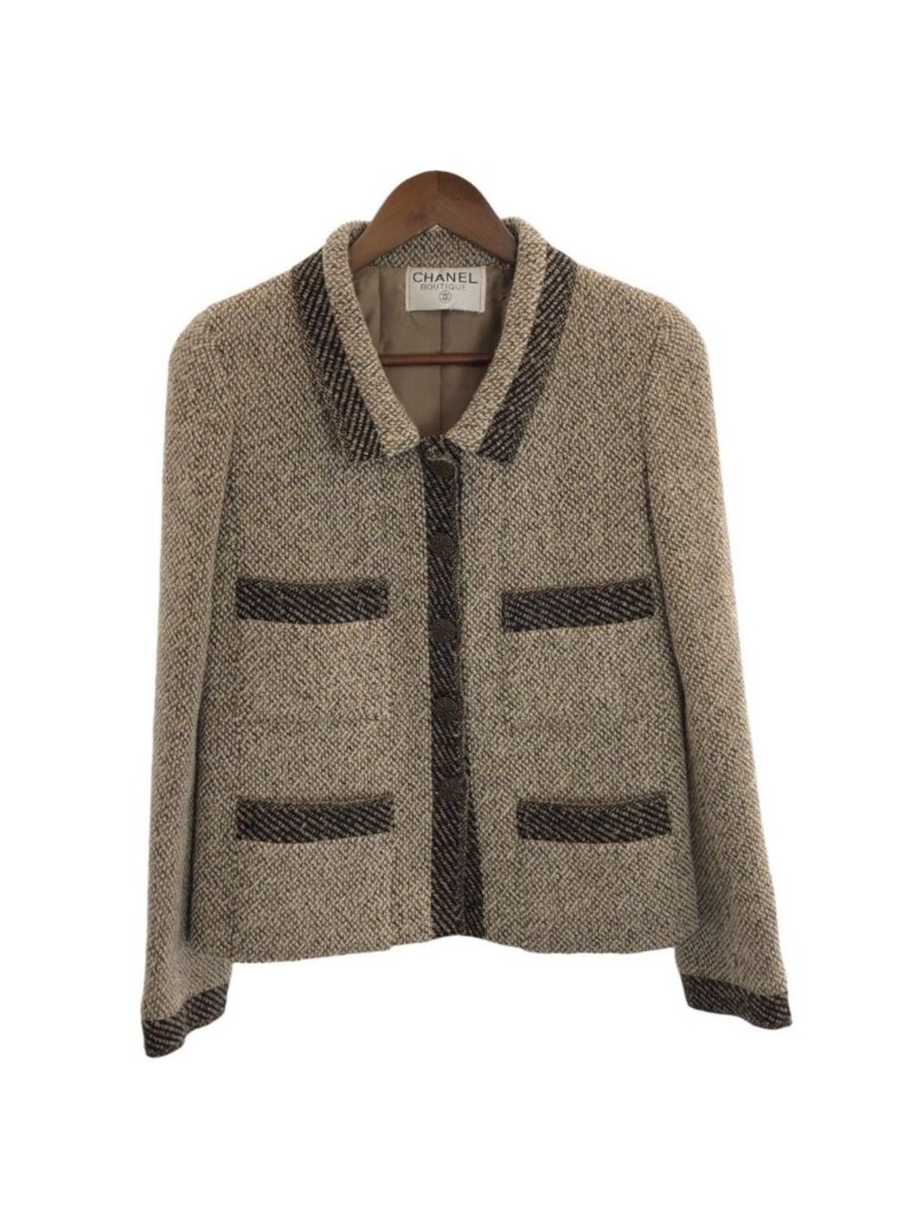 Chanel Vintage CC Logo Beige Brown Tweed Jacket with Scarf